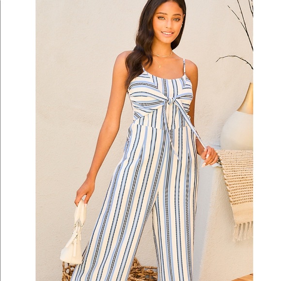 Front Tie Wide Leg Stripe Jumpsuit - Picture 2 of 8